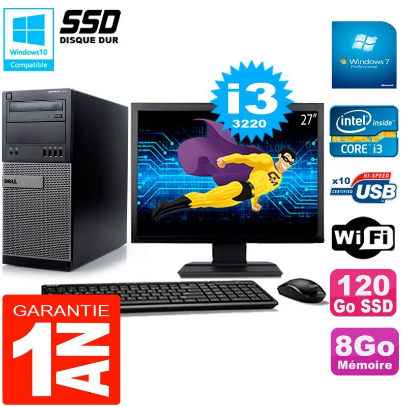 Dell Optiplex 7010 Tower - 27" Screen, Core i3-3220, 8GB RAM, 120GB SSD, WiFi, Windows 7 Pro
