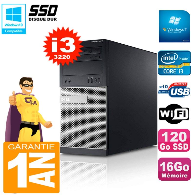 Dell Optiplex 7010 MT Desktop PC - Core i3-3220, 16GB RAM, 120GB SSD, WiFi, Windows 7 Pro