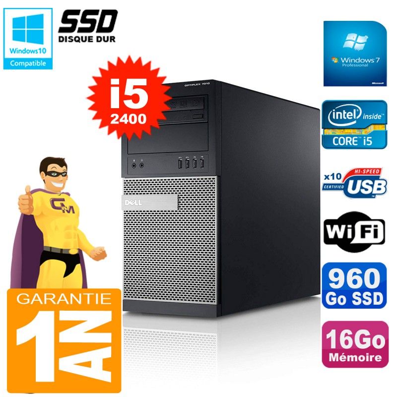 Dell Optiplex 7010 MT Desktop PC - Intel Core i5-2400, 16GB RAM, 960GB SSD, WiFi, Windows 7 Pro