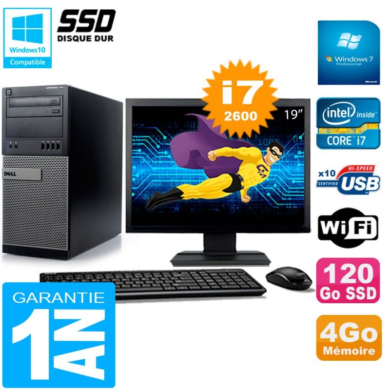 Dell Optiplex 7010 Desktop Computer, 19-inch Screen, Core i7-2600, 4GB RAM, 120GB SSD, WiFi, Windows 7 Pro