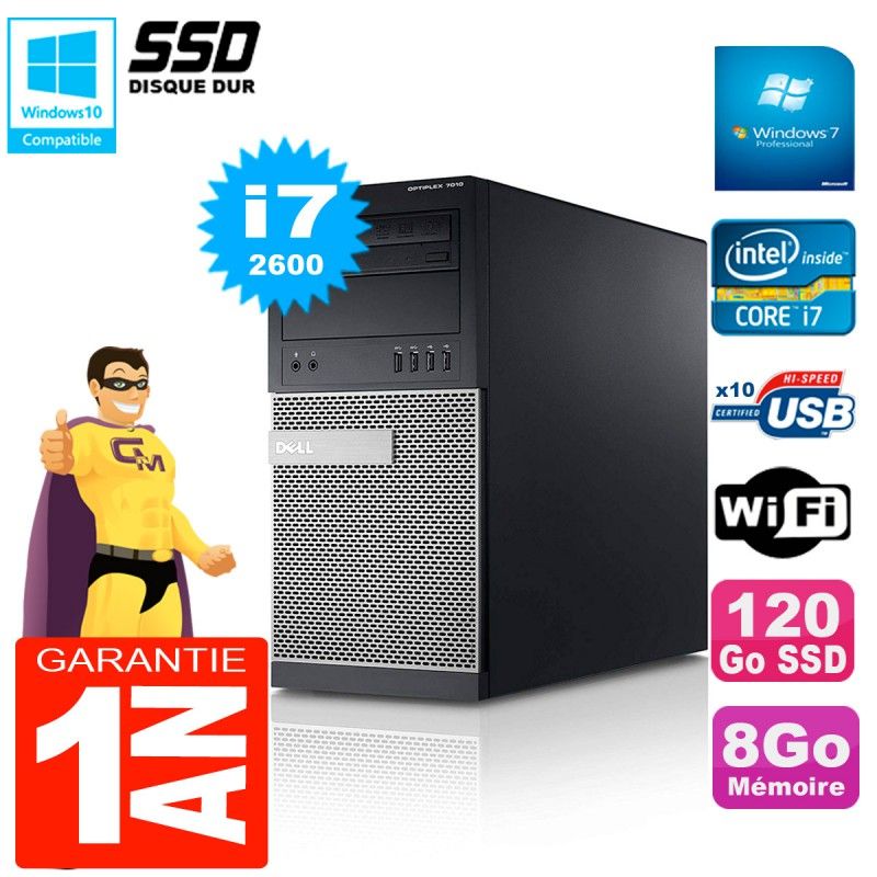 Dell Optiplex 7010 Tower - Intel Core i7-2600, 8GB RAM, 120GB SSD, WiFi, Windows 7 Pro