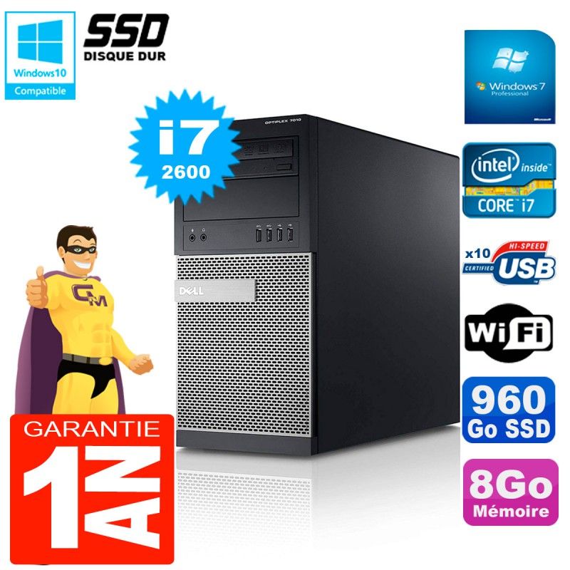 Dell Optiplex 7010 MT Tower - Intel Core i7-2600, 8GB RAM, 960GB SSD, WiFi, Windows 7 Pro