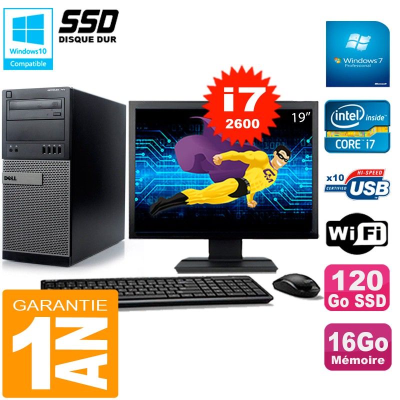 Dell Optiplex 7010 Desktop PC - 19" Screen, Core i7-2600, 16GB RAM, 120GB SSD, WiFi, Windows 7 Pro
