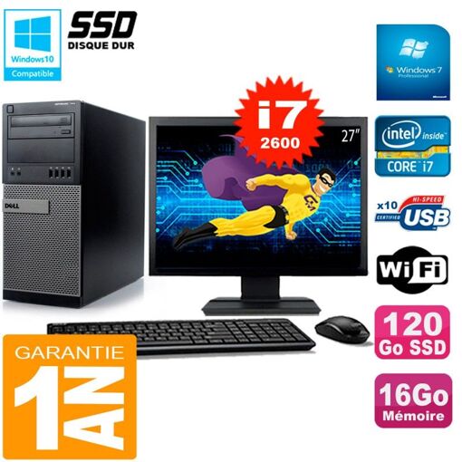 Dell Optiplex 7010 Desktop Computer, 27" Screen, Core i7-2600, 16GB RAM, 120GB SSD, WiFi, Windows 7 Pro