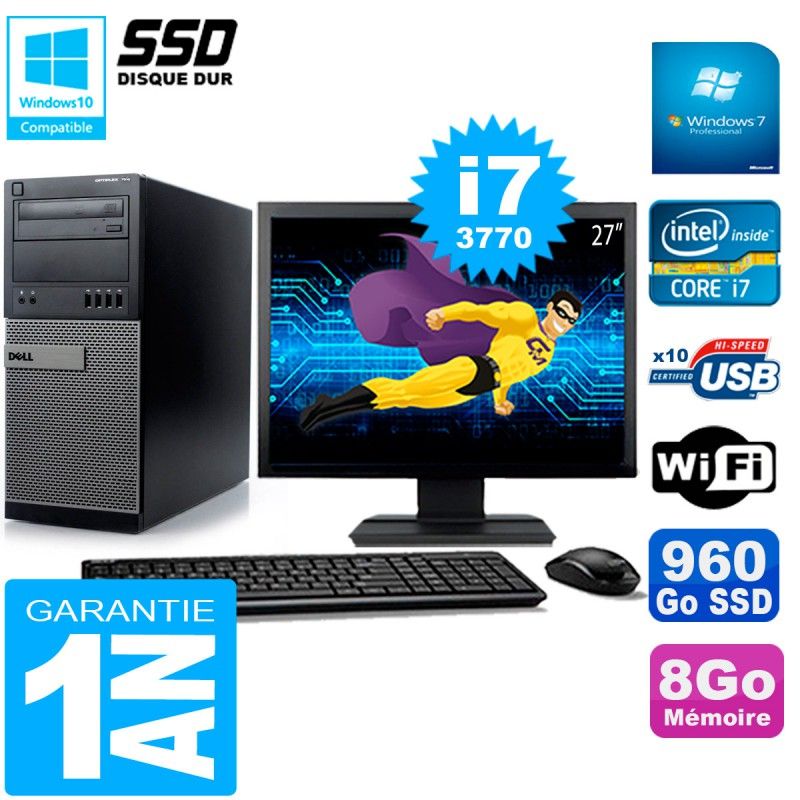 Dell Optiplex 7010 Desktop PC - 27" Screen, Core i7-3770, 8GB RAM, 960GB SSD, Wi-Fi, Windows 7 Pro