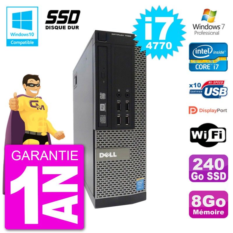 Dell Optiplex 7020 SFF PC - Intel i7-4770, 8GB RAM, 240GB SSD, DVD Drive, WiFi, Windows 7 Pro