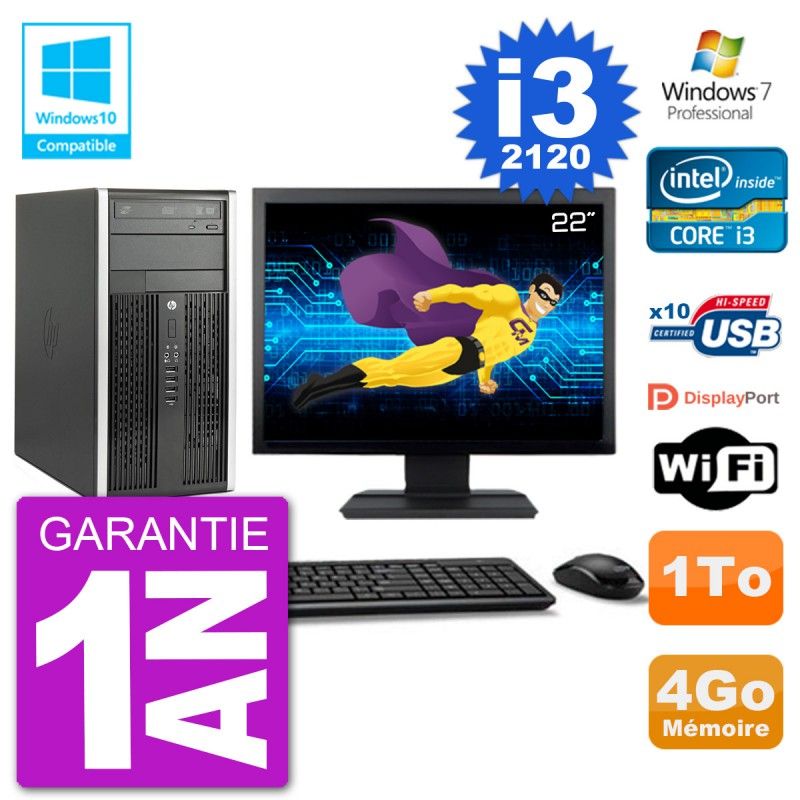 HP Compaq Pro 6300 MT Desktop PC - 22" Screen, Core i3-2120, 4GB RAM, 1TB HDD, DVD Burner, WiFi, Windows 7 Pro