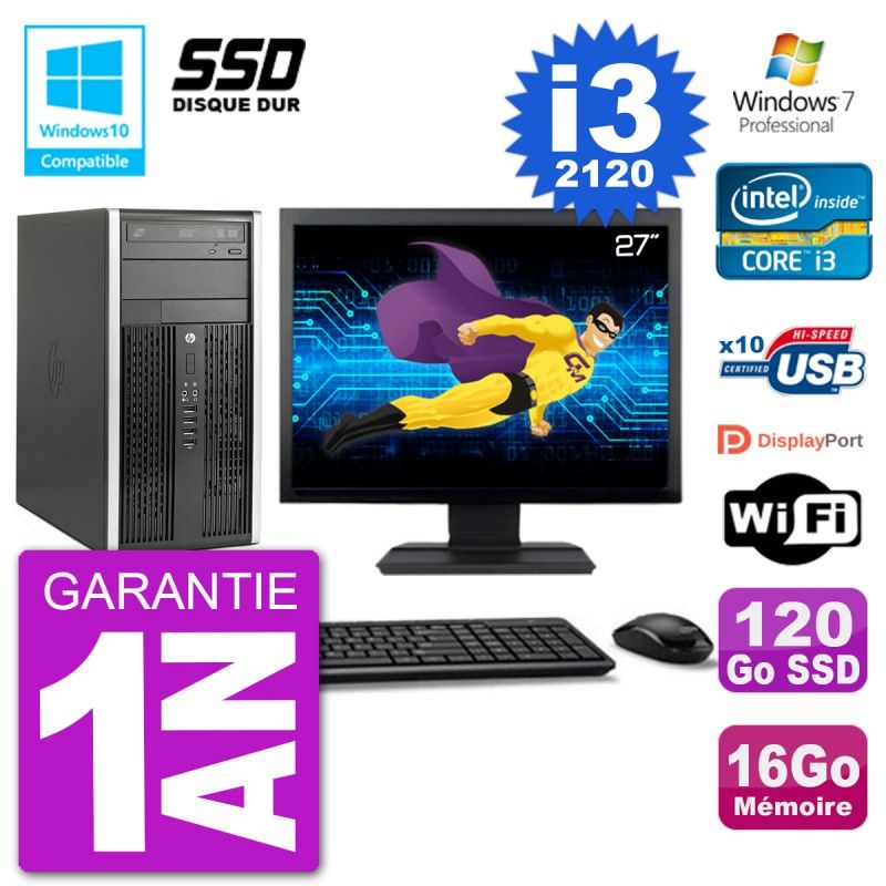 HP Compaq Pro 6300 MT Desktop Computer - 27" Screen, Core i3-2120, 16GB RAM, 120GB SSD, DVD Burner, WiFi, Windows 7 Pro
