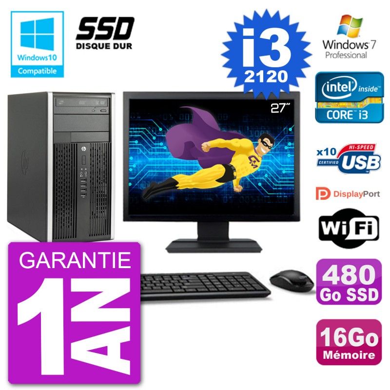 HP Compaq Pro 6300 MT Desktop PC - 27" Screen, Core i3-2120, 16GB RAM, 480GB SSD, DVD Burner, WiFi, Windows 7 Pro