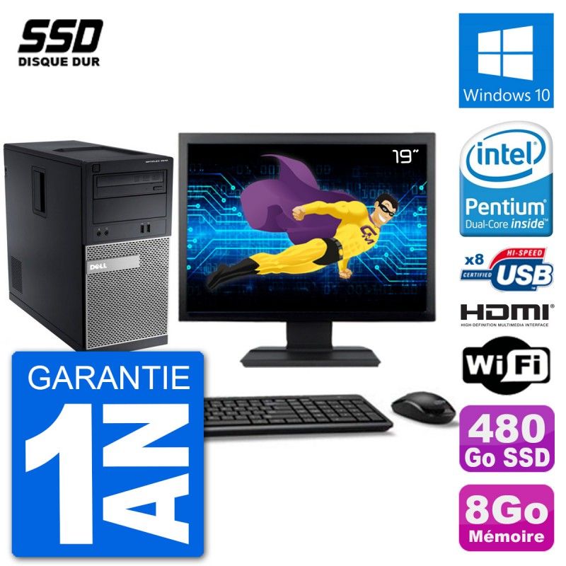 Dell Optiplex 3010 MT Desktop Computer, 19" Screen, 8GB RAM, 480GB SSD, HDMI, Windows 10, WiFi