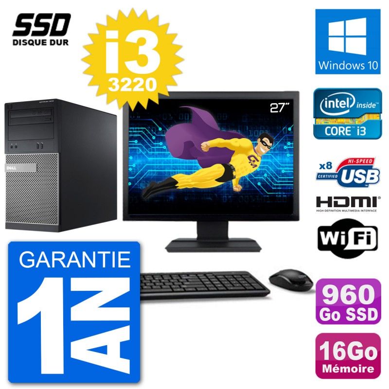 Dell Optiplex 3010 MT Computer, 27" Screen, i3-3220, 16GB RAM, 960GB SSD, HDMI, Windows 10, Wifi