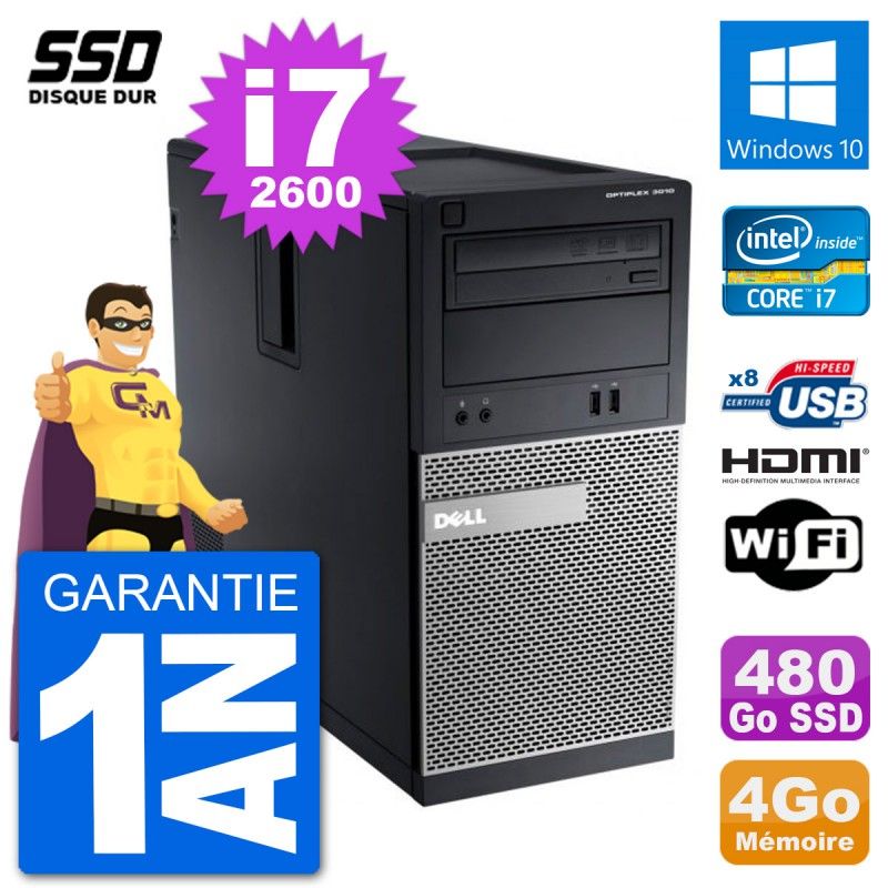 Dell Optiplex 3010 MT Desktop Computer, i7-2600, 4GB RAM, 480GB SSD, HDMI, Windows 10, Wifi