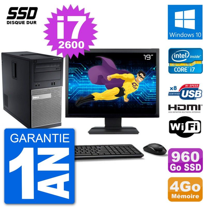 Dell Optiplex 3010 MT Desktop Computer - 19" Screen, i7-2600, 4GB RAM, 960GB SSD, HDMI, Windows 10, WiFi