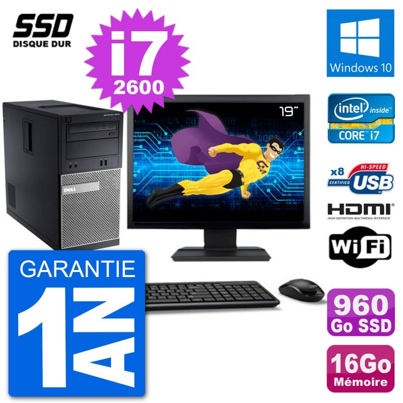 Dell Optiplex 3010 MT Desktop PC - 19' Screen, i7-2600, 16GB RAM, 960GB SSD, HDMI, WiFi