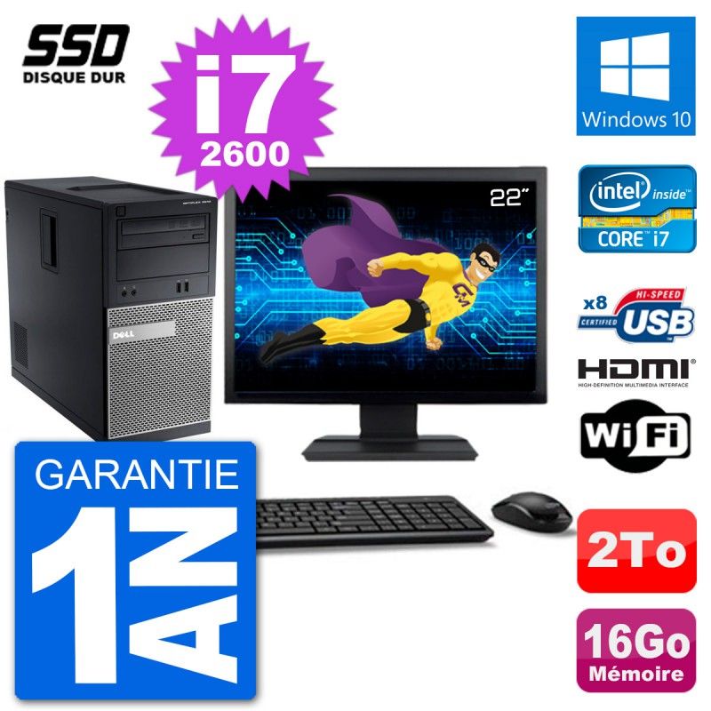 Dell Optiplex 3010 MT Desktop PC - 22" Screen, i7-2600, 16GB RAM, 2TB HDD, HDMI, Windows 10, Wifi