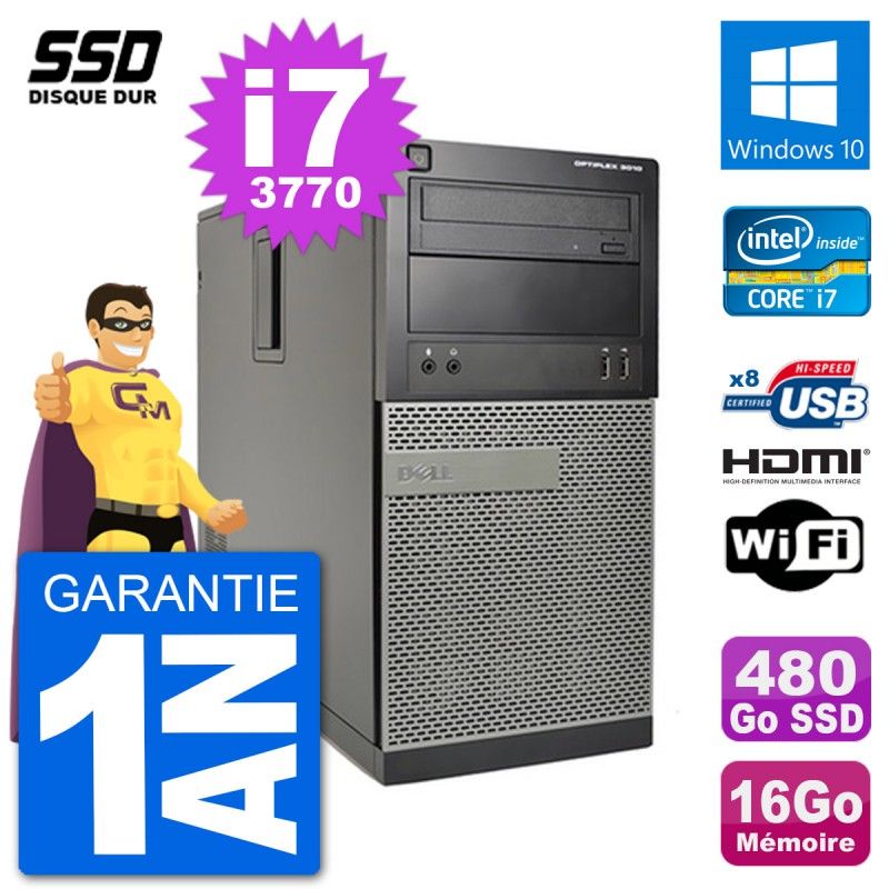 Dell Optiplex 3010 MT Desktop PC - i7-3770, 16GB RAM, 480GB SSD, HDMI, Windows 10, Wifi