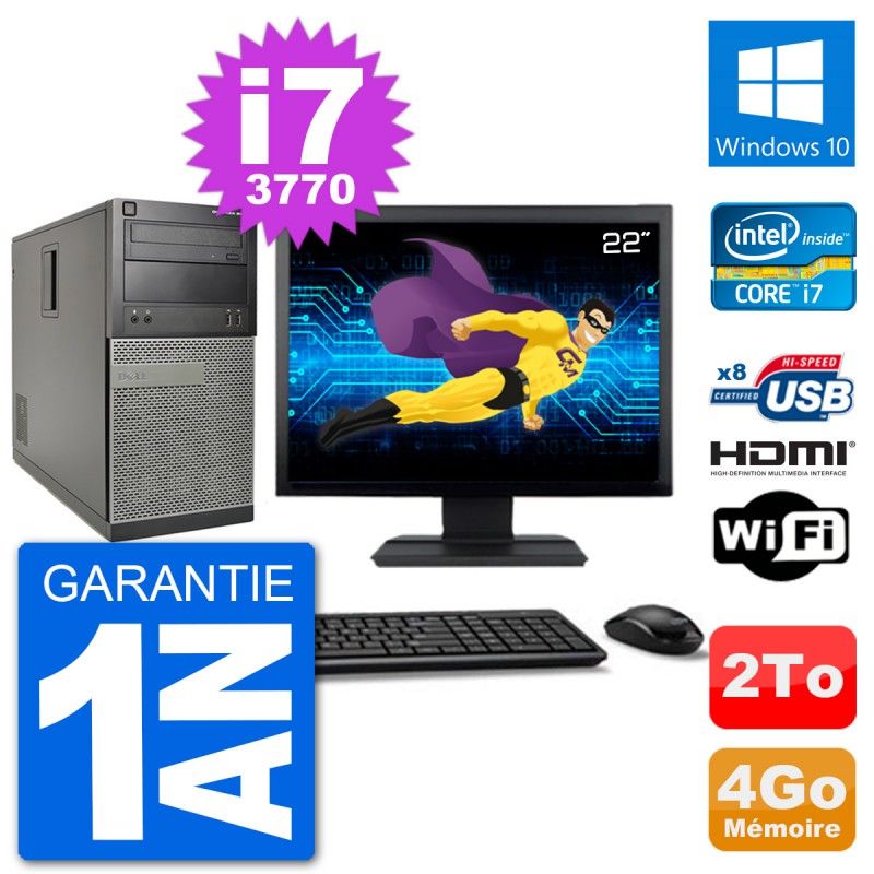 Dell Optiplex 3010 MT Desktop Computer, 22" Screen, i7-3770, 4GB RAM, 2TB HDD, HDMI, Windows 10, Wifi