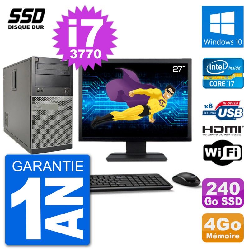 Dell Optiplex 3010 MT Desktop Computer, 27-inch Screen, i7-3770, 4GB RAM, 240GB SSD, HDMI, Windows 10, WiFi