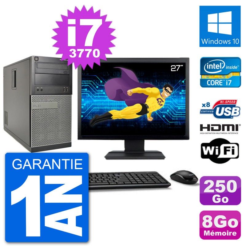 Dell Optiplex 3010 MT Desktop PC - 27" Screen, i7-3770, 8GB RAM, 250GB HDD, HDMI, Windows 10, WiFi