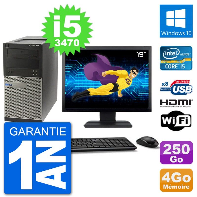 Dell Optiplex 3010 MT Desktop Computer, 19" Screen, i5-3470, 4GB RAM, 250GB HDD, HDMI, Windows 10, Wifi
