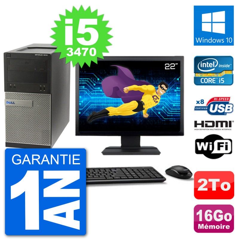Dell Optiplex 3010 MT Desktop PC - 22" Screen, i5-3470, 16GB RAM, 2TB Hard Drive, HDMI, Windows 10, WiFi