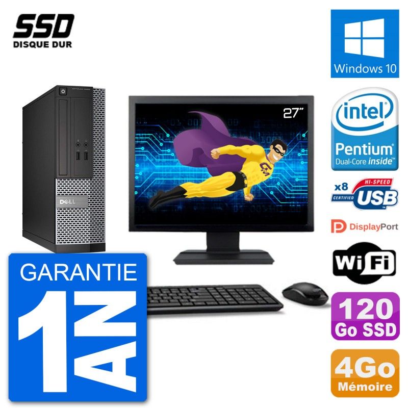 Dell Optiplex 3020 SFF Computer - 27" Screen, Intel Pentium G3220, 4GB RAM, 120GB SSD, Windows 10, WiFi