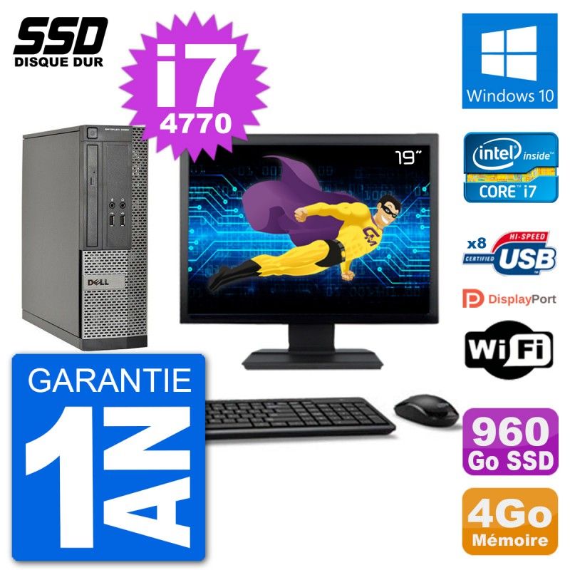 Dell Optiplex 3020 SFF Computer - 19" Screen, i7-4770, 4GB RAM, 960GB SSD, Windows 10, WiFi