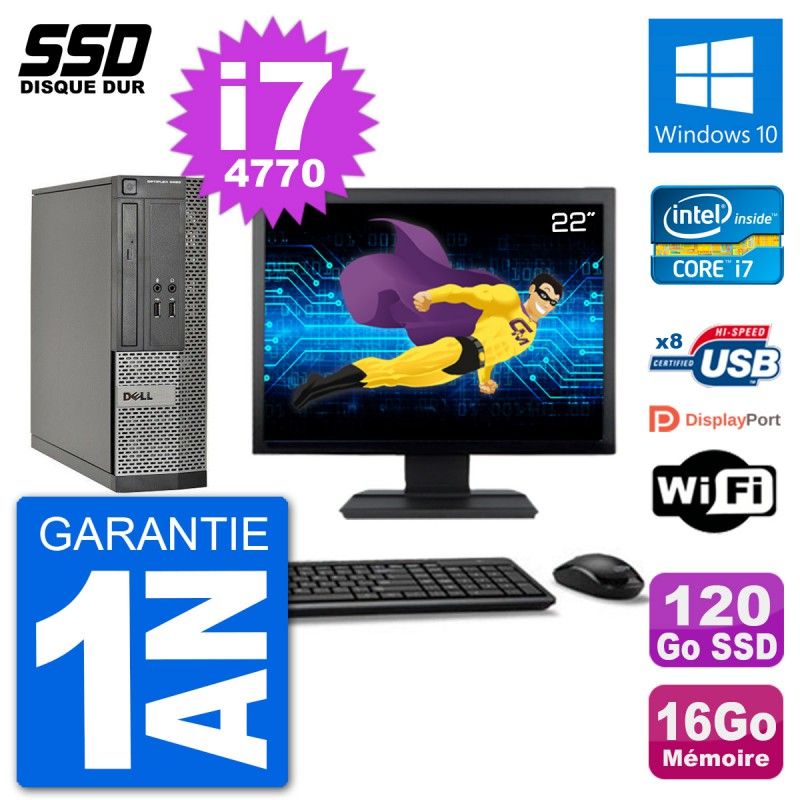 Dell Optiplex 3020 SFF Desktop PC - 22" Screen, i7-4770, 16GB RAM, 120GB SSD, Windows 10, Wifi