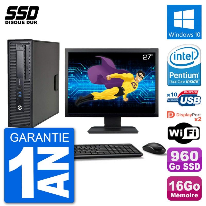 HP EliteDesk 800 G1 Desktop PC - 27" Screen, Intel Pentium G3220, 16GB RAM, 960GB SSD, Windows 10, WiFi