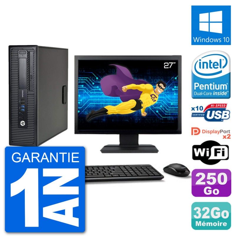 HP EliteDesk 800 G1 Desktop PC - 27" Display, Intel Pentium G3220, 32GB RAM, 250GB SSD, Windows 10, WiFi