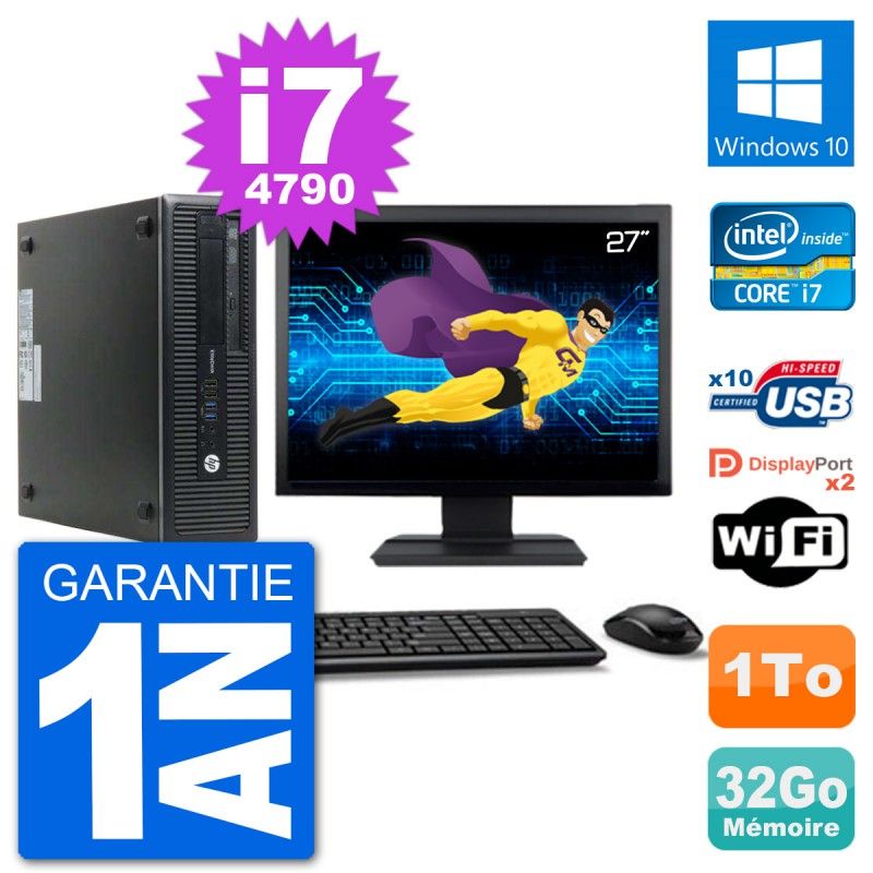 HP EliteDesk 800 G1 Desktop Computer, 27" Screen, Core i7-4790, 32GB RAM, 1TB HDD, Windows 10, Wifi