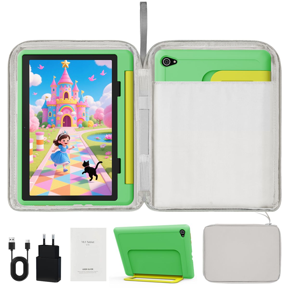 AEEZO Kids Tablet 10 Inches, 14GB + 64GB + 1TB TF, 5000mAh, HD 1280x800 IPS Screen, Dual 8MP+5MP Camera, Wifi, Parental Control, Preinstalled KIDOZ, with Kid-Proof Case Green and Grey Computer Bag