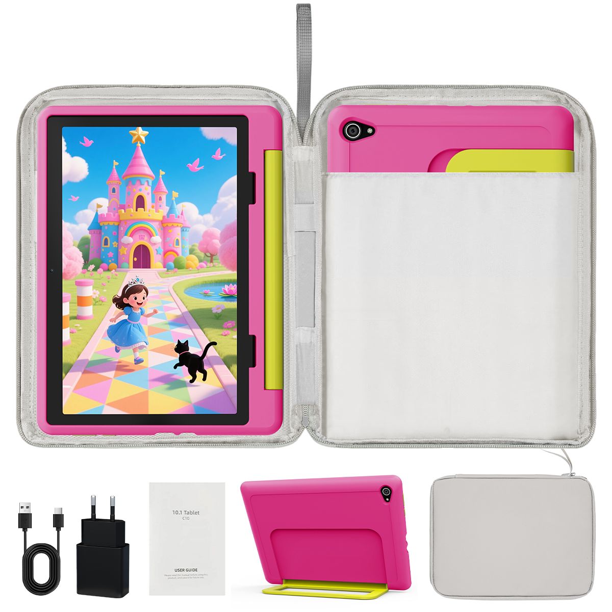 AEEZO Kids Tablet 10 Inches, 14GB + 64GB + 1TB TF, 5000mAh, HD IPS Screen, Wifi, Parental Control, Preinstalled KIDOZ, with Kid-Proof Pink Case and Grey Laptop Bag