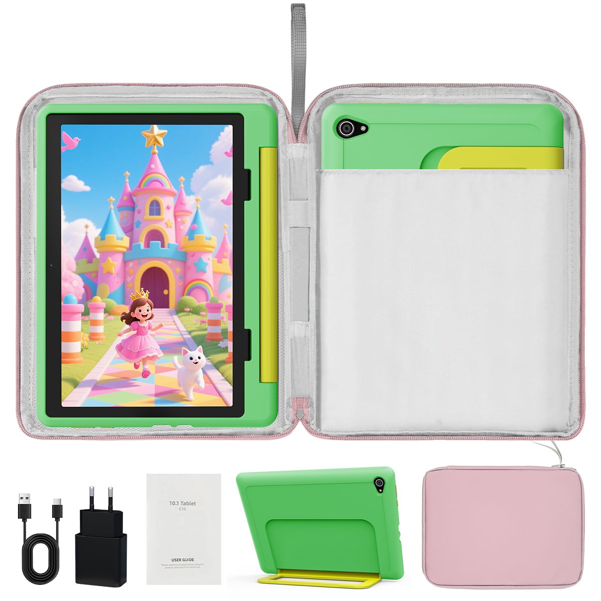 AEEZO Kids Tablet 10 Inches, 14GB + 64GB + 1TB TF, 5000mAh, HD IPS Screen, Dual 8MP+5MP Camera, Wi-Fi, Parental Control, Preinstalled KIDOZ, with Kid-Proof Case (Green) and Laptop Bag (Pink)