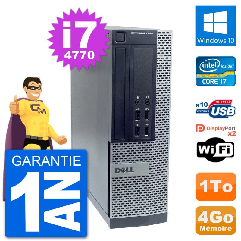 PC de escritorio Dell OptiPlex 7020 SFF - Procesador Intel i7-4770, 4GB de RAM, 1TB HDD, Windows 10, WiFi