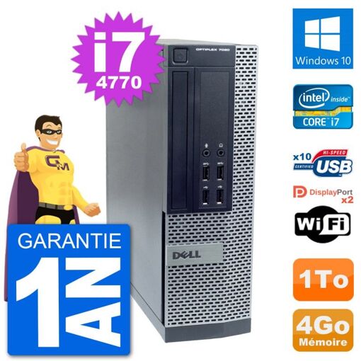 Ordinateur de bureau Dell OptiPlex 7020 SFF - Processeur Intel i7-4770, 4 Go de RAM, 1 To HDD, Windows 10, WiFi