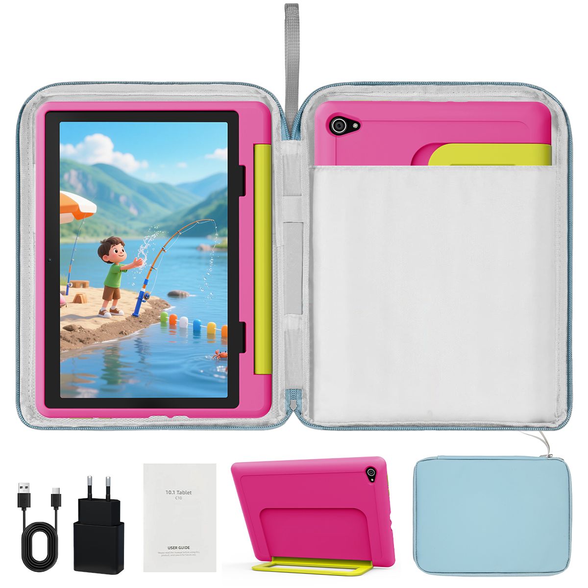 AEEZO Kids Tablet 10 Inch, 14GB + 64GB + 1TB TF, 5000mAh, HD 1280x800 IPS Screen, Wi-Fi, Parental Control, Preinstalled KIDOZ, with Kid-Proof Pink Case and Blue Laptop Bag