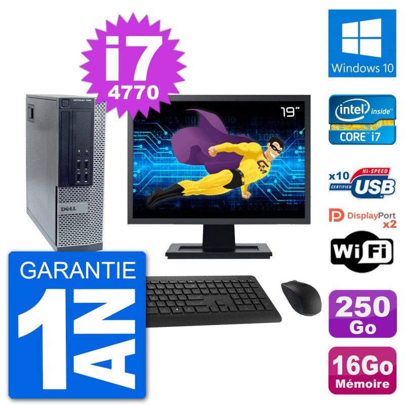 Dell Optiplex 7020 SFF Desktop PC - 19" Screen, Intel i7-4770, 16GB RAM, 250GB SSD, Windows 10, WiFi