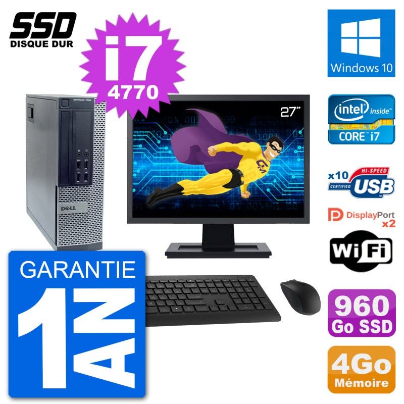 Dell Optiplex 7020 SFF Computer - 27" Screen, Intel i7-4770, 4GB RAM, 960GB SSD, Windows 10, WiFi