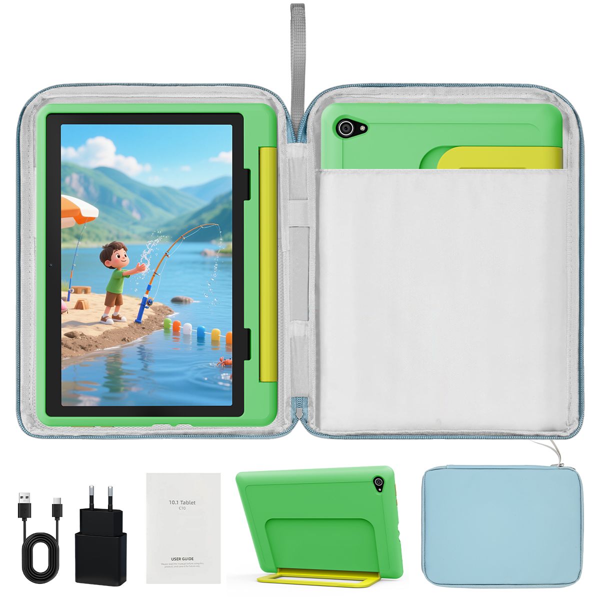 AEEZO Kids Tablet 10 Inches, 14GB + 64GB + 1TB TF, 5000mAh, HD IPS Screen 1280x800, Dual 8MP+5MP Camera, Wi-Fi, Parental Control, Preinstalled KIDOZ with Kid-Proof Case Green and Laptop Bag Blue