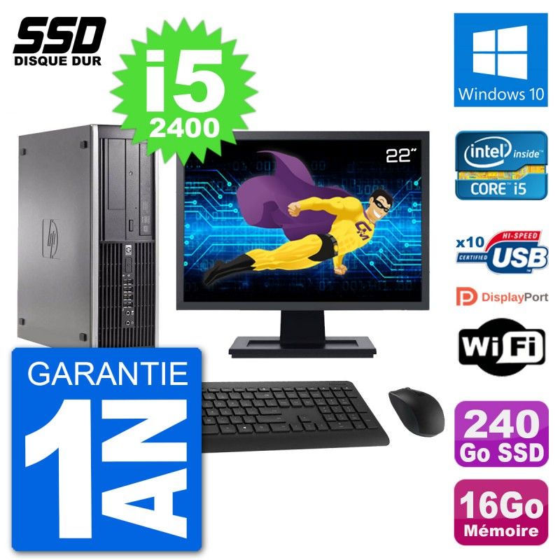 HP Compaq 6200 Pro SFF Desktop PC - 22" Screen, i5-2400, 16GB RAM, 240GB SSD, Windows 10, WiFi