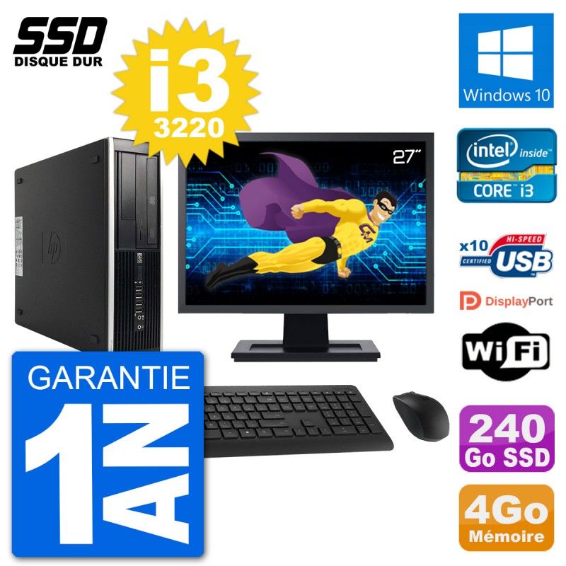 Ordinateur de bureau HP Compaq Pro 6300 SFF - Écran 27'', Intel Core i3-3220, 4 Go de RAM, SSD 240 Go, Windows 10, Wi-Fi