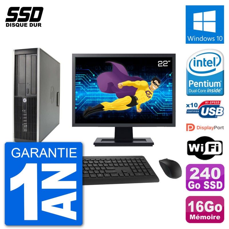 HP Compaq 6200 Pro SFF Computer - 22" Screen, Intel Pentium G630, 16GB RAM, 240GB SSD, Windows 10, WiFi