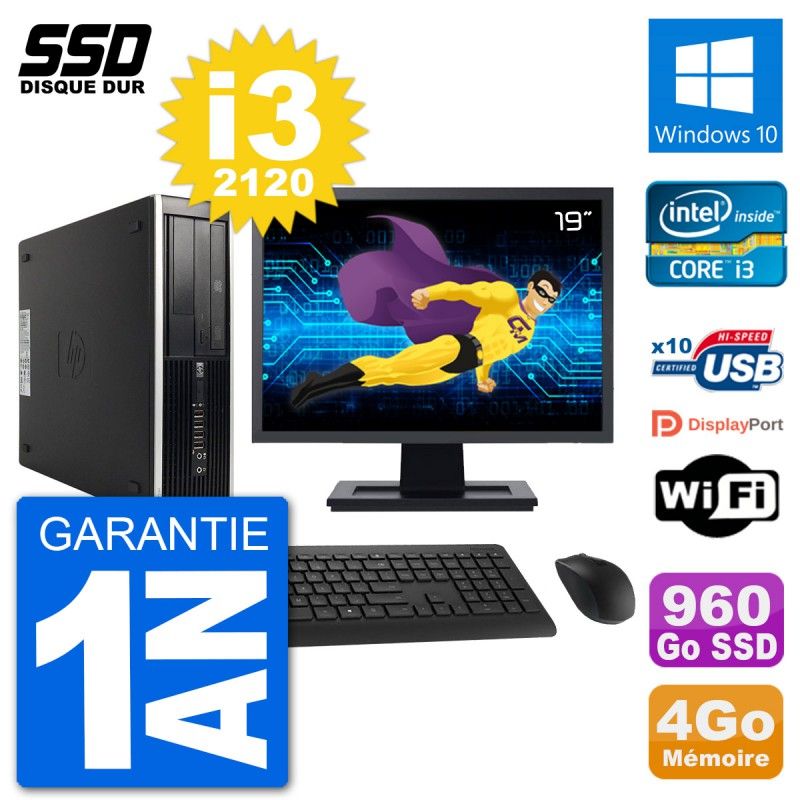 HP Compaq 6200 Pro SFF Desktop Computer, 19" Screen, i3-2120, 4GB RAM, 960GB SSD, Windows 10, WiFi