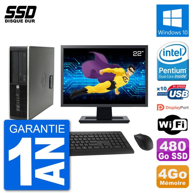 HP Compaq Pro 6300 SFF Desktop Computer - 22" Screen, Intel Pentium G630, 4GB RAM, 480GB SSD, Windows 10, WiFi