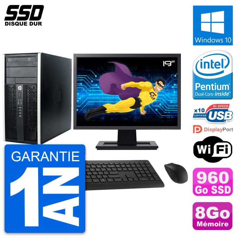 HP Compaq Pro 6300 CMT Desktop Computer, 19" Screen, Intel G630, 8GB RAM, 960GB SSD, Windows 10, WiFi