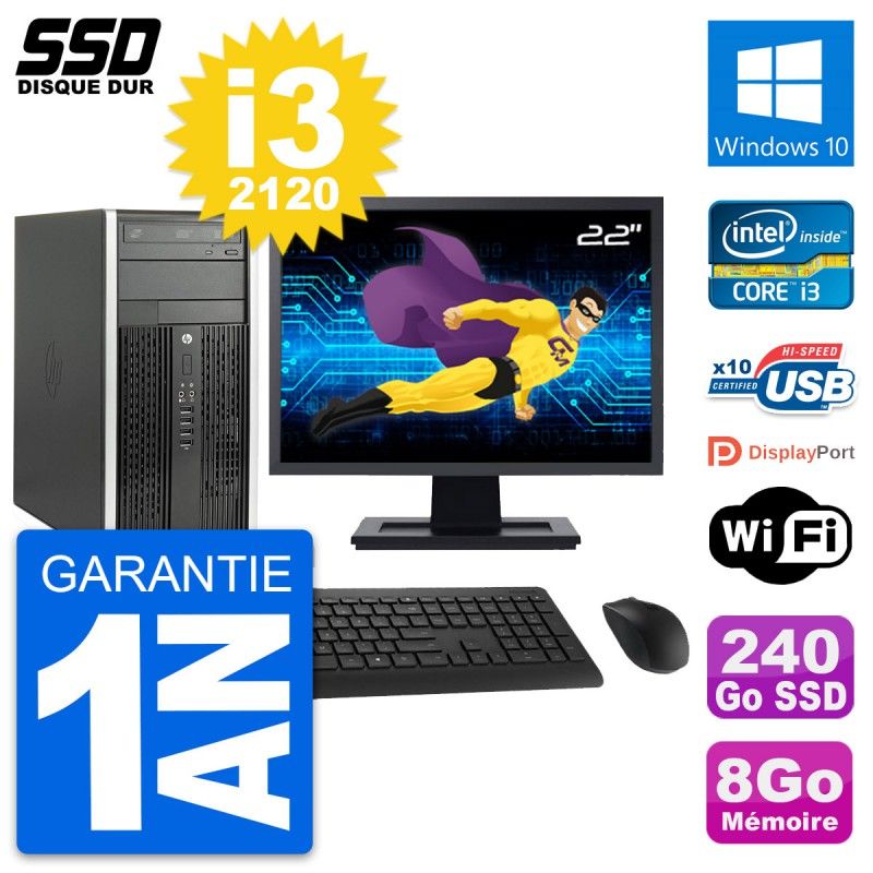 HP Compaq Pro 6300 CMT PC - 22" Screen, Intel i3-2120, 8GB RAM, 240GB SSD, Windows 10, Wifi