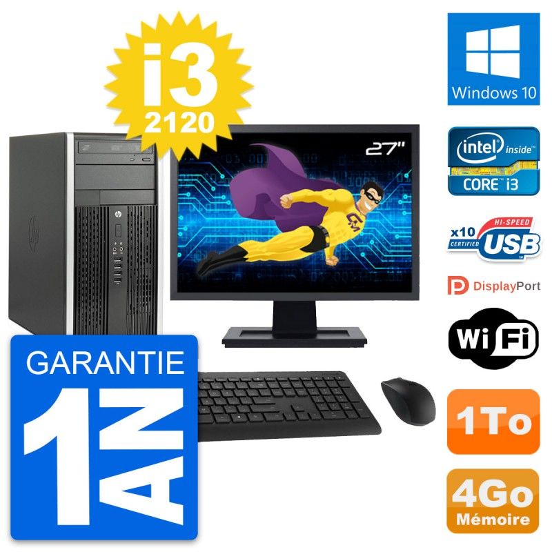 HP Compaq Pro 6300 CMT Mini PC - 27" Display, i3-2120, 4GB RAM, 1TB HDD, Windows 10, Wifi