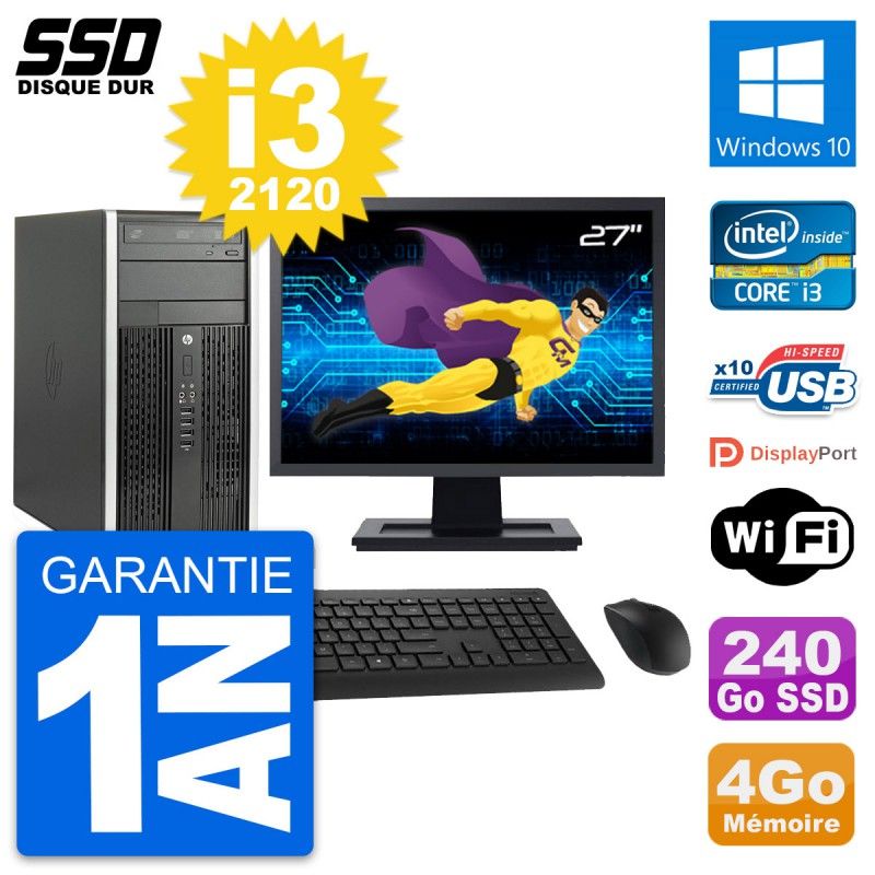 HP Compaq Pro 6300 CMT Desktop PC - 27" Screen, Intel i3-2120, 4GB RAM, 240GB SSD, Windows 10, WiFi