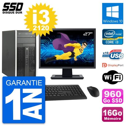 PC de sobremesa HP Compaq Pro 6300 CMT - Pantalla de 27", Procesador Intel i3-2120, 16 GB de RAM, 960 GB SSD, Windows 10, WiFi